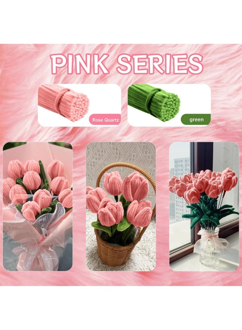 saykfoe Tulip Pipe Cleaners for Craft, 30cm Green and Pink Pipe Cleaners, Fuzzy Sticks Craft Supplies, Chenille Stems with Flower Pole, Flower Core & Gardening Tape, Arts & Crafts for DIY(16 Flowers) - Image 4